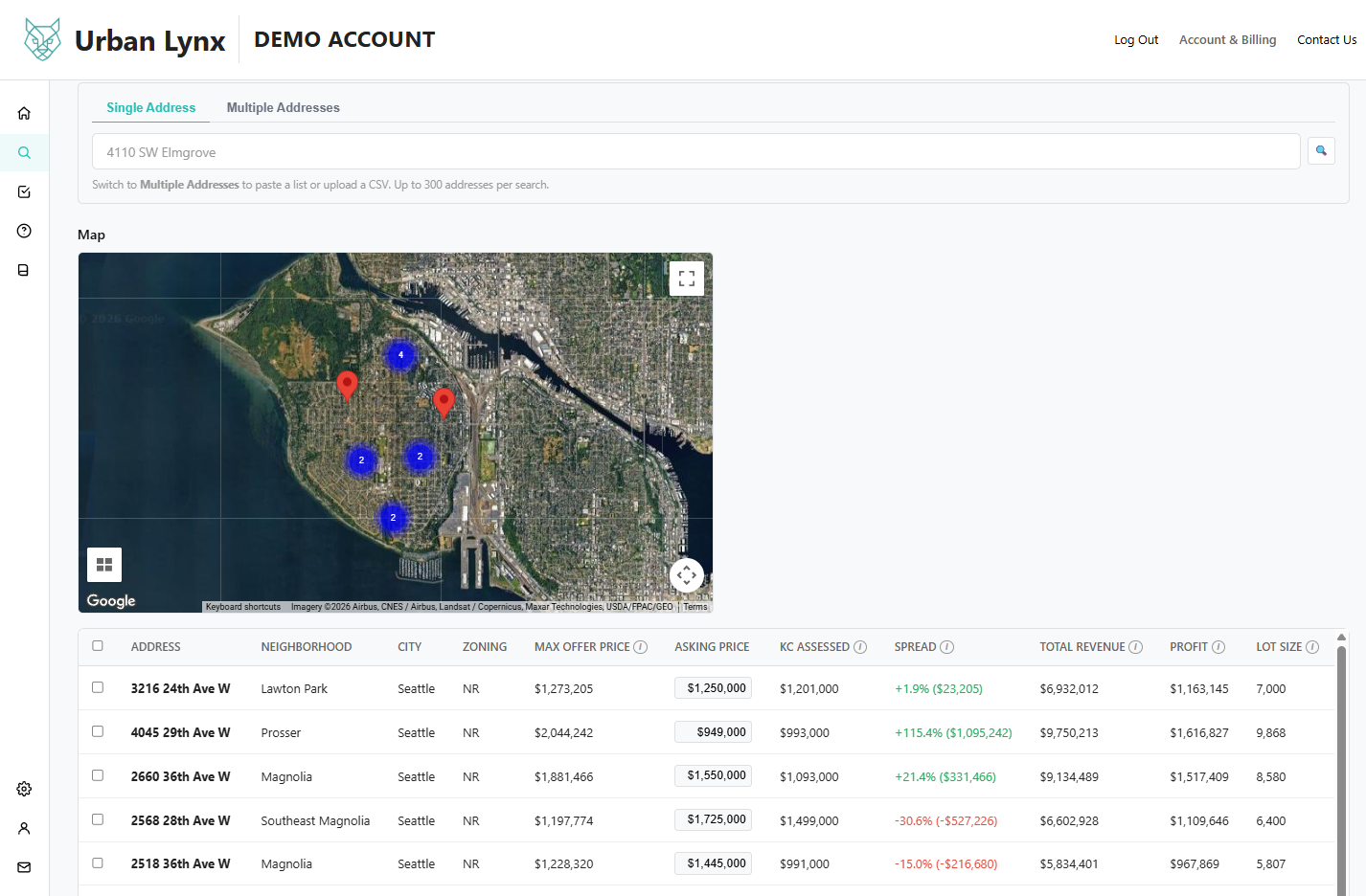 Urban Lynx search results — address list with zoning, max offer, and KC assessed value